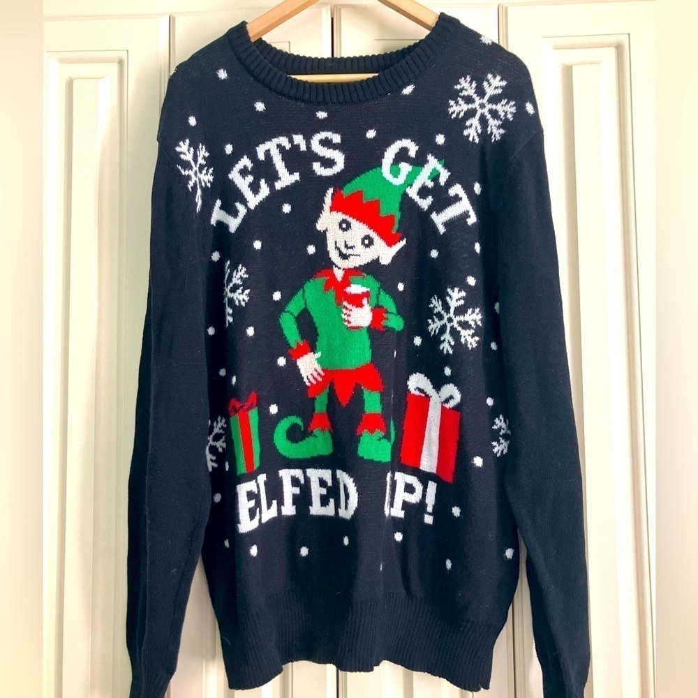 Let’s Get Elfed Up Hybrid Holiday Cotton Blend Ugly Christmas Sweater Size Large
